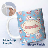 Personalized Custom Name Cute Strawberry Bunny Cake Dessert Kawaii Blue Background Seamless 11oz Ceramic Coffee Tea Mug White Large Handle