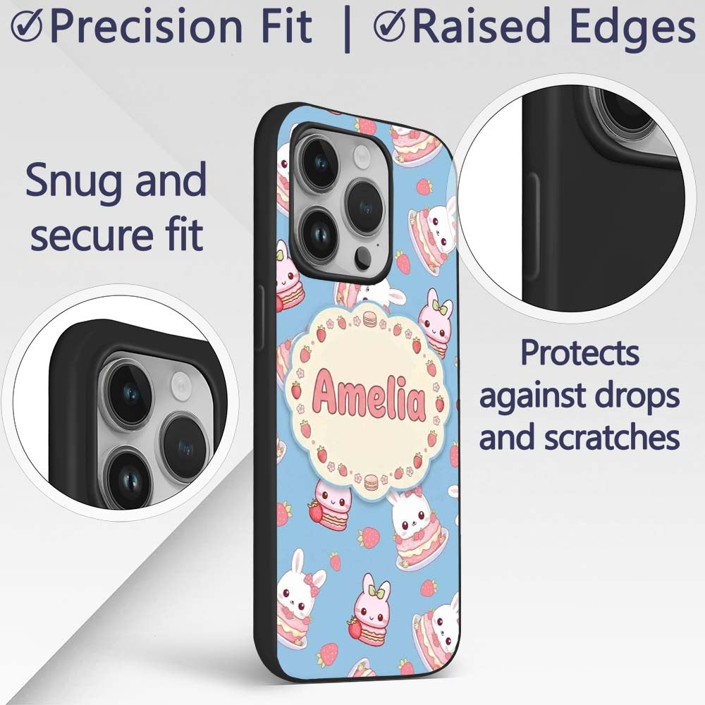 Cute Strawberry Bunny Cake Dessert Kawaii Blue Custom Name Protective Phone Case Mobile Cover Durable Everyday Smartphone Shock Resistant