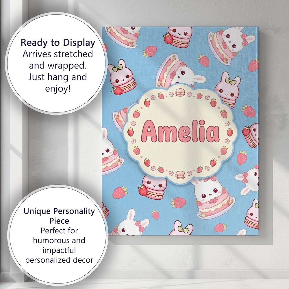 Personalised Name Cute Strawberry Bunny Custom  Modern Room Accent Elegant Feature Canvas Wall Art Print Decor Picture Ready to Hang
