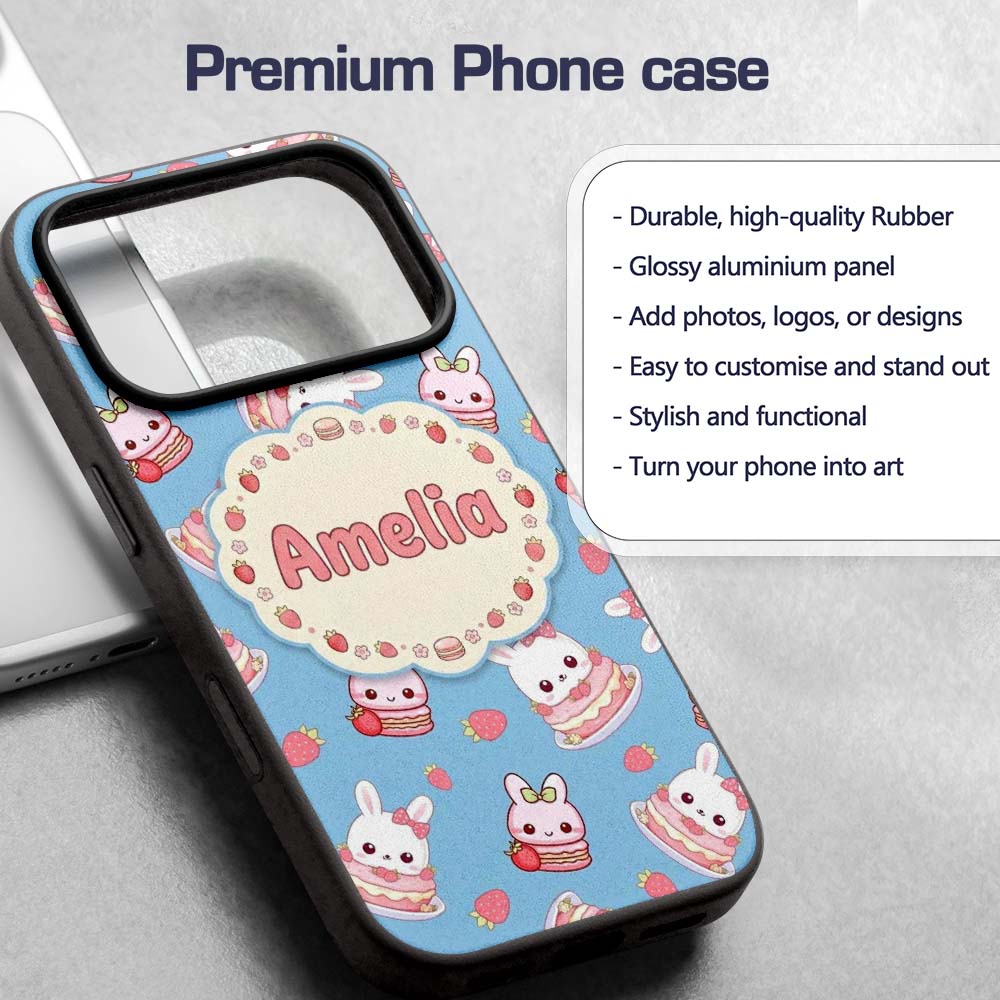 Cute Strawberry Bunny Cake Dessert Kawaii Blue Custom Name Protective Phone Case Mobile Cover Durable Everyday Smartphone Shock Resistant