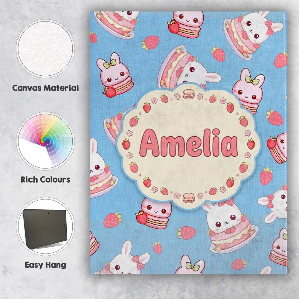 Personalised Name Cute Strawberry Bunny Custom  Modern Room Accent Elegant Feature Canvas Wall Art Print Decor Picture Ready to Hang
