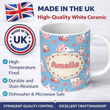 Personalized Custom Name Cute Strawberry Bunny Cake Dessert Kawaii Blue Background Seamless 11oz Ceramic Coffee Tea Mug White Large Handle