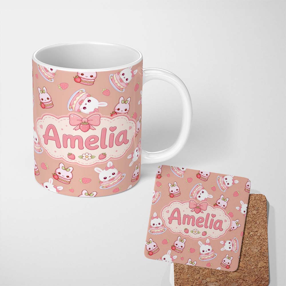 Personalized Custom Name Cute Strawberry Bunny Cake Dessert Kawaii Peach Background Seamless 11oz Ceramic Coffee Tea Mug White Large Handle