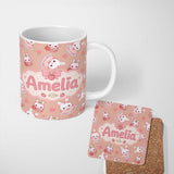 Personalized Custom Name Cute Strawberry Bunny Cake Dessert Kawaii Peach Background Seamless 11oz Ceramic Coffee Tea Mug White Large Handle