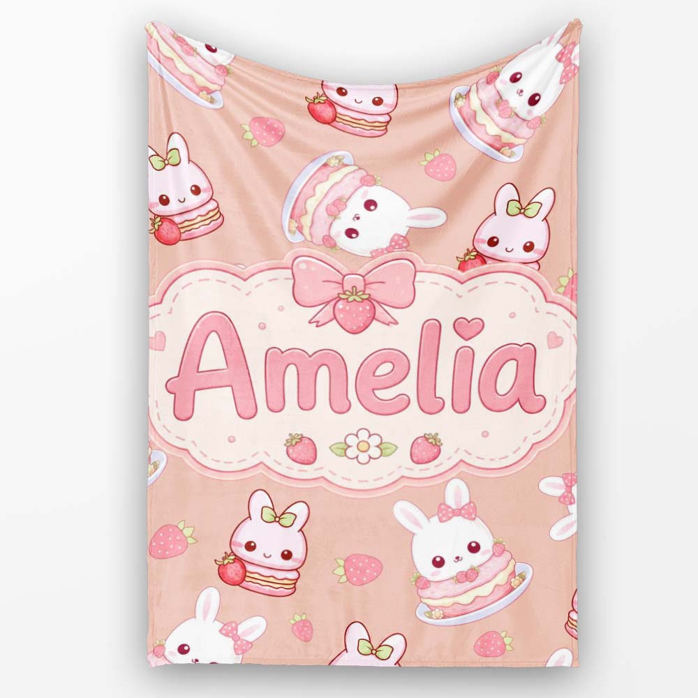 Cute Strawberry Bunny Cake Dessert Kawaii Peach Background Seamless  Personalised Custom Name Super Soft Fleece Blanket Bed Sofa Throw