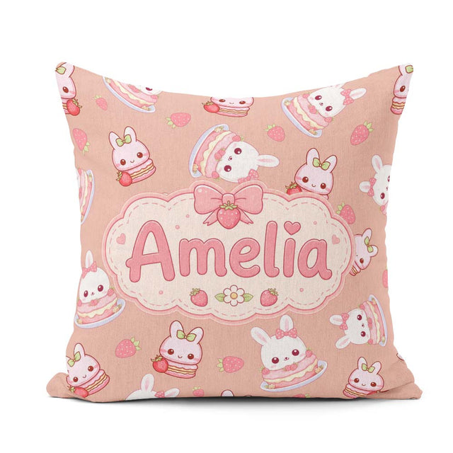 Custom Name Strawberry Bunny Cake Dessert Kawaii Peach Seamless Square Filled Cushion Throw Pillow Sofa Bed Home Decor Zip Washable UK Made