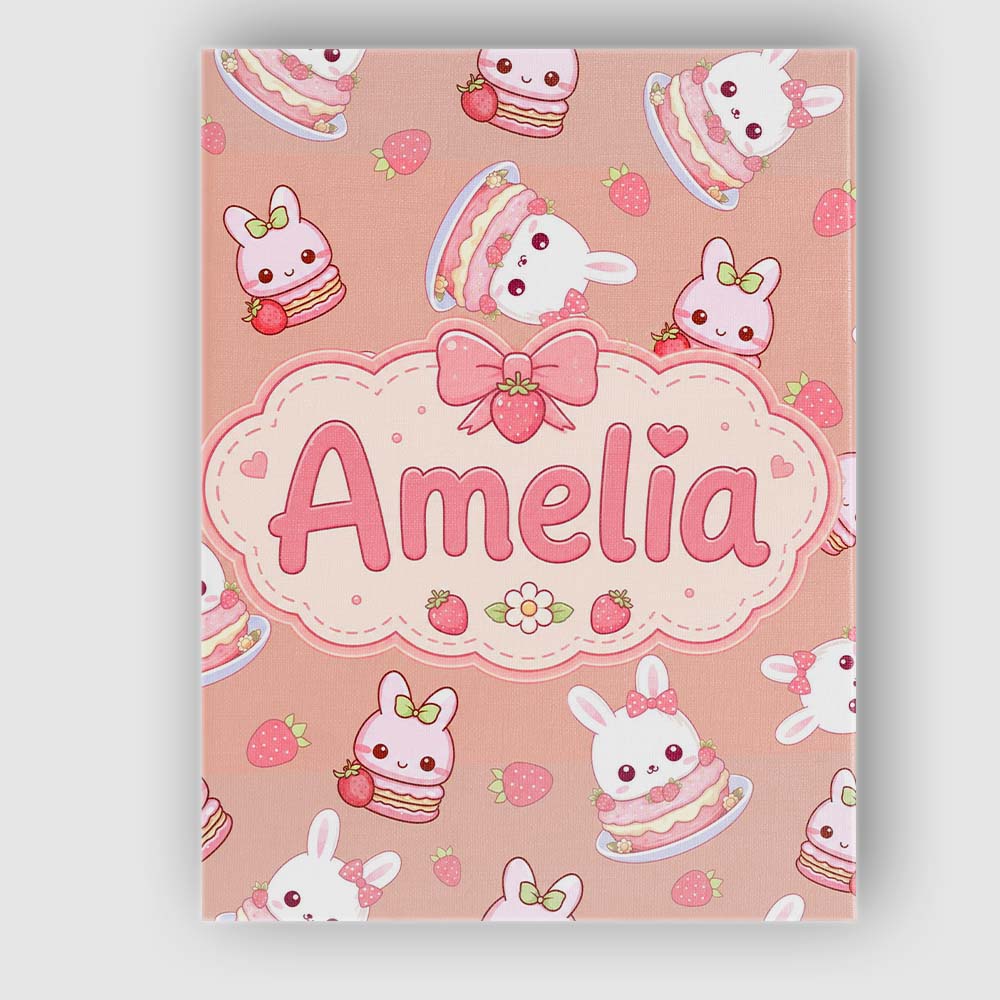 Personalised Name Cute Strawberry Bunny Custom  Modern Room Accent Elegant Feature Canvas Wall Art Print Decor Picture Ready to Hang
