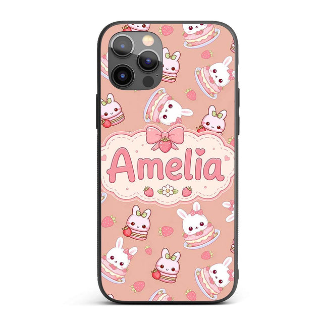 Cute Strawberry Bunny Cake Dessert Kawaii Peach Custom Name Protective Phone Case Mobile Cover Durable Everyday Smartphone Shock Resistant