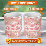 Personalized Custom Name Cute Strawberry Bunny Cake Dessert Kawaii Peach Background Seamless 11oz Ceramic Coffee Tea Mug White Large Handle