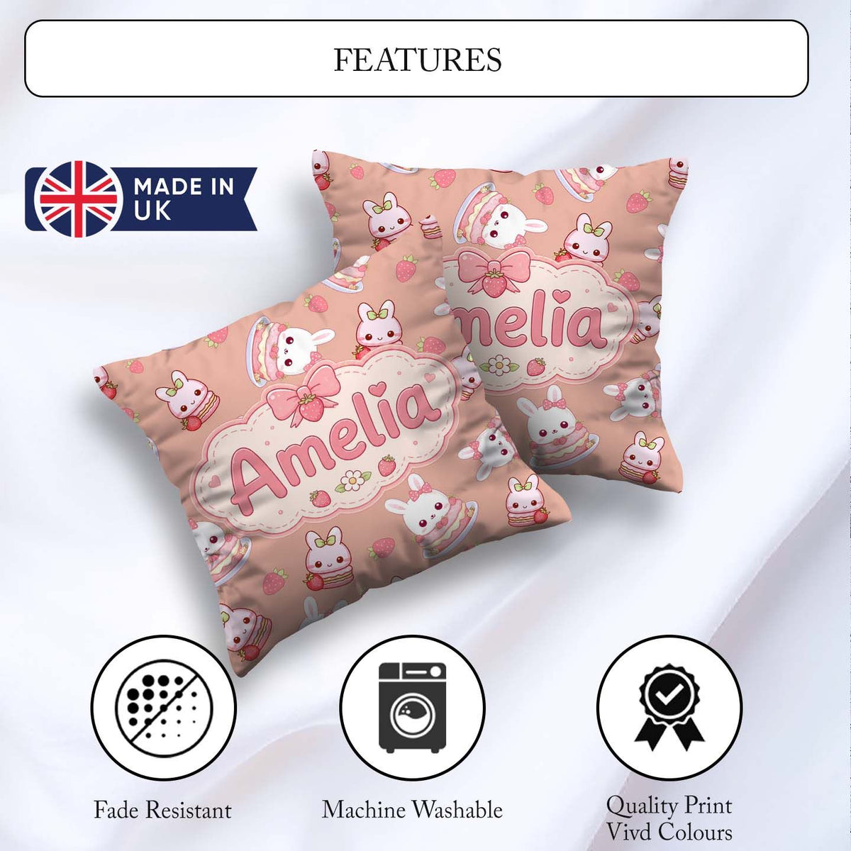 Custom Name Strawberry Bunny Cake Dessert Kawaii Peach Seamless Square Filled Cushion Throw Pillow Sofa Bed Home Decor Zip Washable UK Made