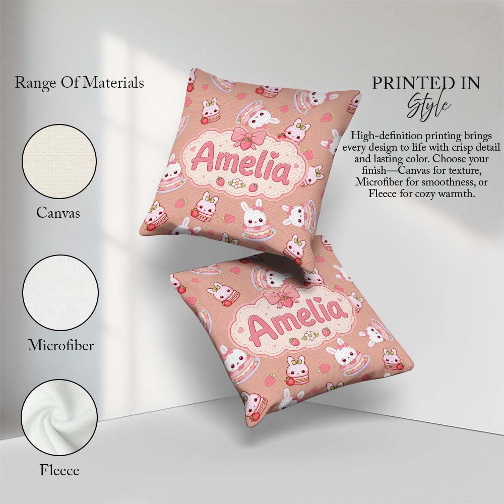 Custom Name Strawberry Bunny Cake Dessert Kawaii Peach Seamless Square Filled Cushion Throw Pillow Sofa Bed Home Decor Zip Washable UK Made