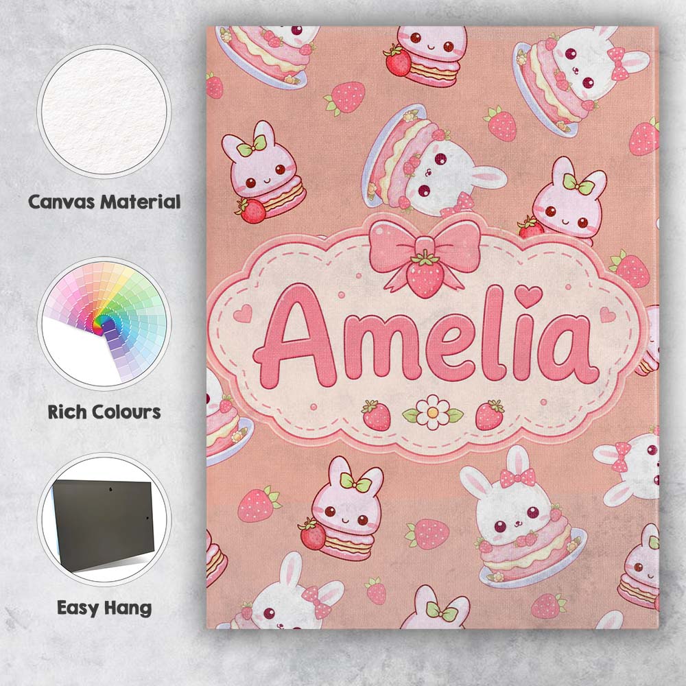 Personalised Name Cute Strawberry Bunny Custom  Modern Room Accent Elegant Feature Canvas Wall Art Print Decor Picture Ready to Hang