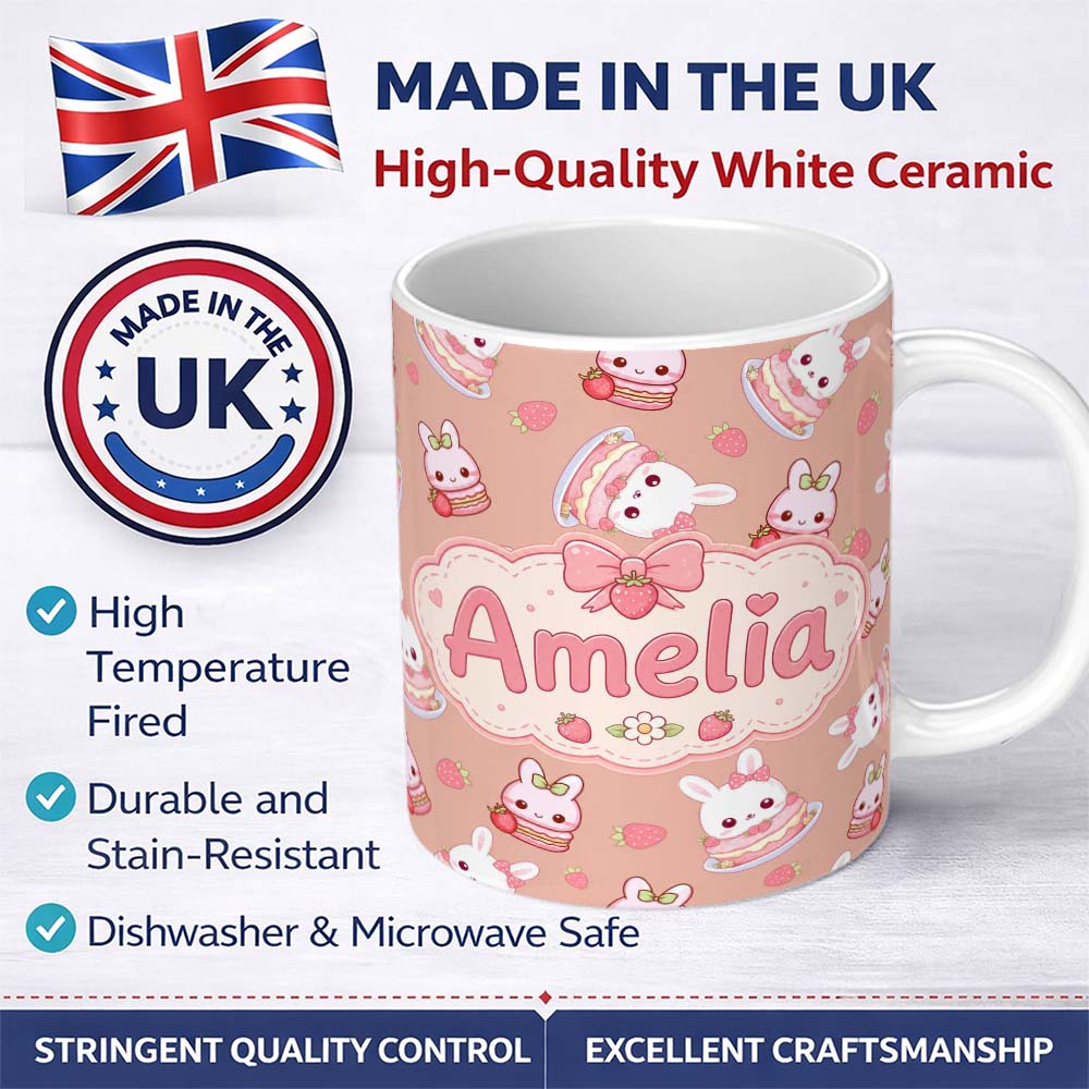 Personalized Custom Name Cute Strawberry Bunny Cake Dessert Kawaii Peach Background Seamless 11oz Ceramic Coffee Tea Mug White Large Handle
