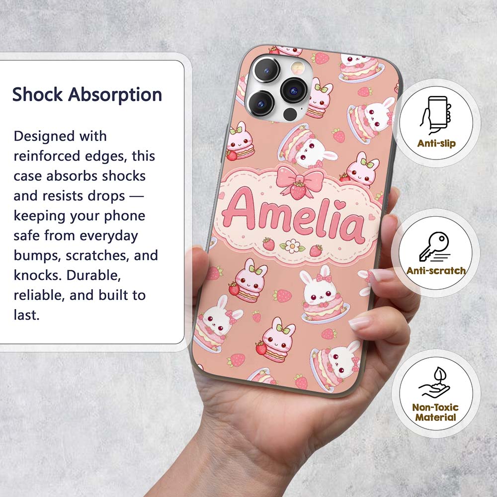 Cute Strawberry Bunny Cake Dessert Kawaii Peach Custom Name Protective Phone Case Mobile Cover Durable Everyday Smartphone Shock Resistant