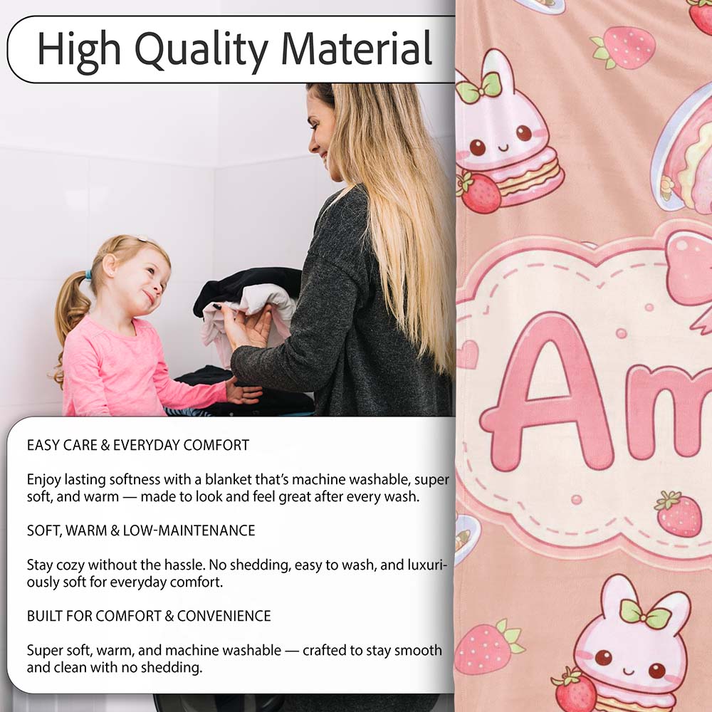 Cute Strawberry Bunny Cake Dessert Kawaii Peach Background Seamless  Personalised Custom Name Super Soft Fleece Blanket Bed Sofa Throw