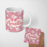 Personalized Custom Name Cute Strawberry Bunny Cake Dessert Pink Background Seamless Pattern 11oz Ceramic Coffee Tea Mug White Large Handle