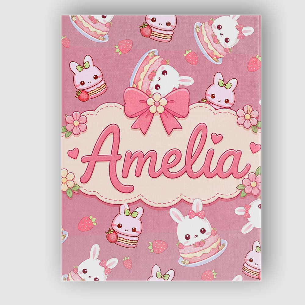 Personalised Name Cute Strawberry Bunny Custom  Modern Room Accent Elegant Feature Canvas Wall Art Print Decor Picture Ready to Hang