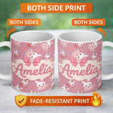 Personalized Custom Name Cute Strawberry Bunny Cake Dessert Pink Background Seamless Pattern 11oz Ceramic Coffee Tea Mug White Large Handle