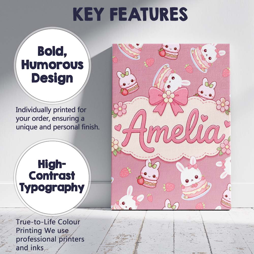 Personalised Name Cute Strawberry Bunny Custom  Modern Room Accent Elegant Feature Canvas Wall Art Print Decor Picture Ready to Hang