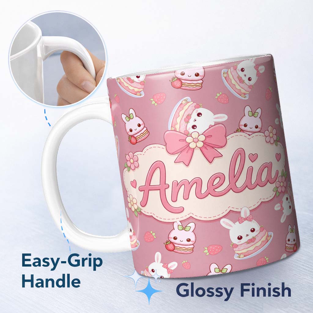 Personalized Custom Name Cute Strawberry Bunny Cake Dessert Pink Background Seamless Pattern 11oz Ceramic Coffee Tea Mug White Large Handle