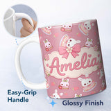 Personalized Custom Name Cute Strawberry Bunny Cake Dessert Pink Background Seamless Pattern 11oz Ceramic Coffee Tea Mug White Large Handle