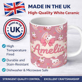 Personalized Custom Name Cute Strawberry Bunny Cake Dessert Pink Background Seamless Pattern 11oz Ceramic Coffee Tea Mug White Large Handle