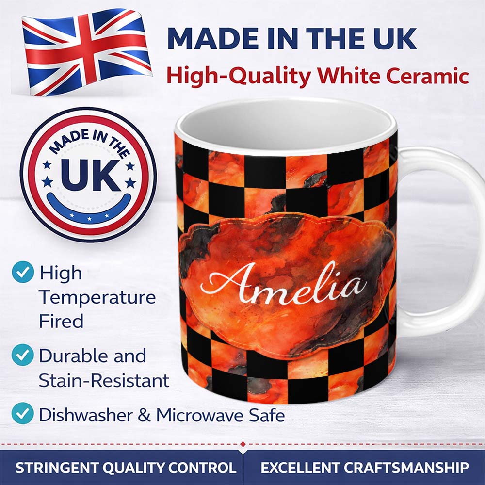 Personalized Custom Name Abstract Orange Black Checkered Marble Geometric Pattern Lovely 11oz Ceramic Coffee Tea Mug White Large Handle