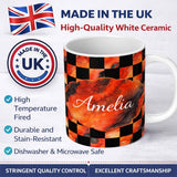 Personalized Custom Name Abstract Orange Black Checkered Marble Geometric Pattern Lovely 11oz Ceramic Coffee Tea Mug White Large Handle