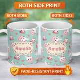 Personalized Custom Name Cute Strawberry Bunny Cake Dessert Mint Background Seamless Pattern 11oz Ceramic Coffee Tea Mug White Large Handle