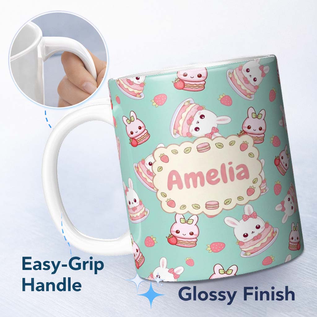 Personalized Custom Name Cute Strawberry Bunny Cake Dessert Mint Background Seamless Pattern 11oz Ceramic Coffee Tea Mug White Large Handle