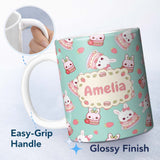 Personalized Custom Name Cute Strawberry Bunny Cake Dessert Mint Background Seamless Pattern 11oz Ceramic Coffee Tea Mug White Large Handle