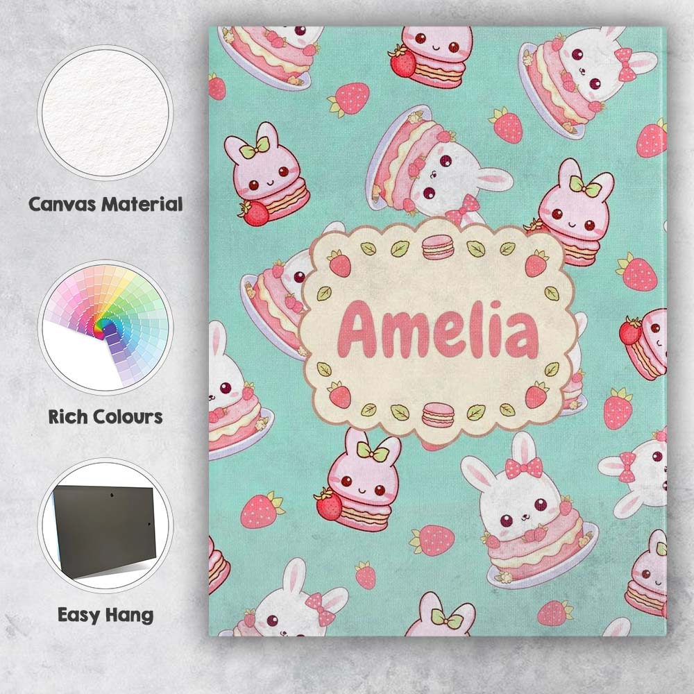Personalised Name Cute Strawberry Bunny Custom  Modern Room Accent Elegant Feature Canvas Wall Art Print Decor Picture Ready to Hang