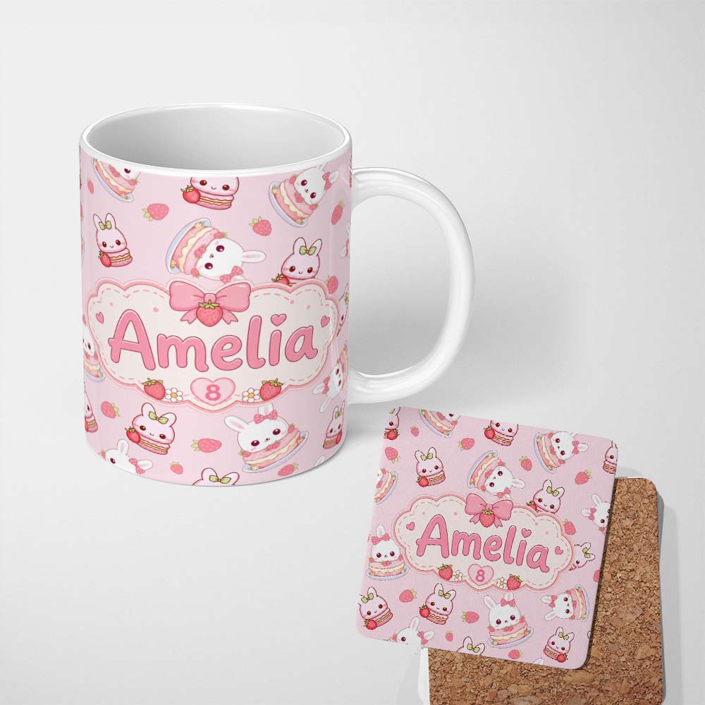 Personalized Custom Name Cute Strawberry Bunny Cake Dessert Blush Background Seamless 11oz Ceramic Coffee Tea Mug White Large Handle