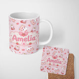 Personalized Custom Name Cute Strawberry Bunny Cake Dessert Blush Background Seamless 11oz Ceramic Coffee Tea Mug White Large Handle