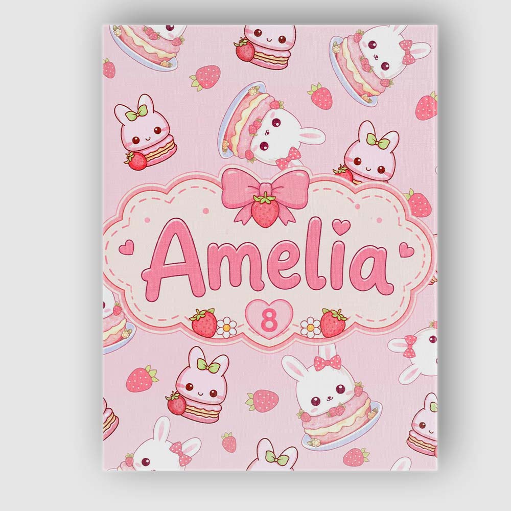 Personalised Name Cute Strawberry Bunny Custom  Modern Room Accent Elegant Feature Canvas Wall Art Print Decor Picture Ready to Hang