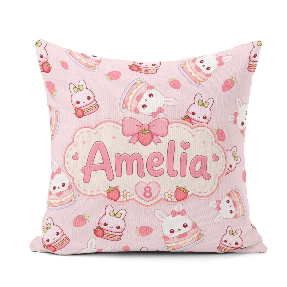 Custom Name Cute Strawberry Bunny Cake Blush Background Seamless Square Filled Cushion Throw Pillow Sofa Bed Home Decor Zip Washable UK Made
