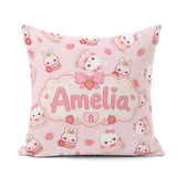 Custom Name Cute Strawberry Bunny Cake Blush Background Seamless Square Filled Cushion Throw Pillow Sofa Bed Home Decor Zip Washable UK Made