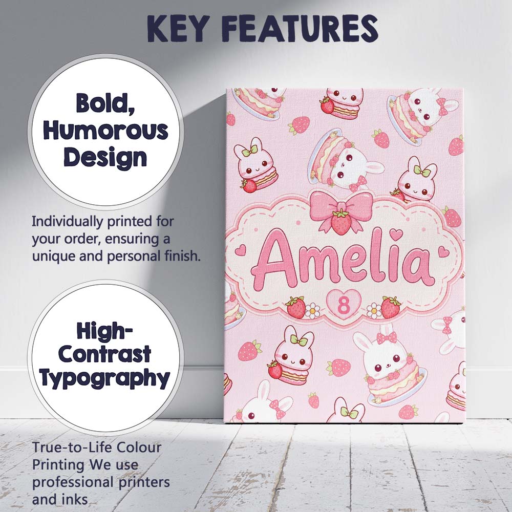 Personalised Name Cute Strawberry Bunny Custom  Modern Room Accent Elegant Feature Canvas Wall Art Print Decor Picture Ready to Hang