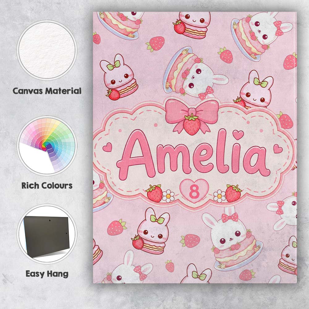 Personalised Name Cute Strawberry Bunny Custom  Modern Room Accent Elegant Feature Canvas Wall Art Print Decor Picture Ready to Hang