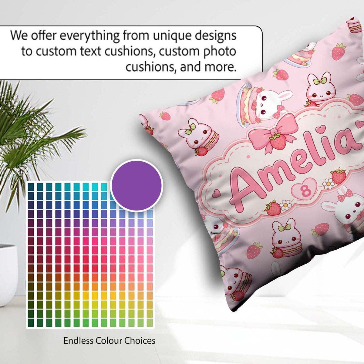 Custom Name Cute Strawberry Bunny Cake Blush Background Seamless Square Filled Cushion Throw Pillow Sofa Bed Home Decor Zip Washable UK Made