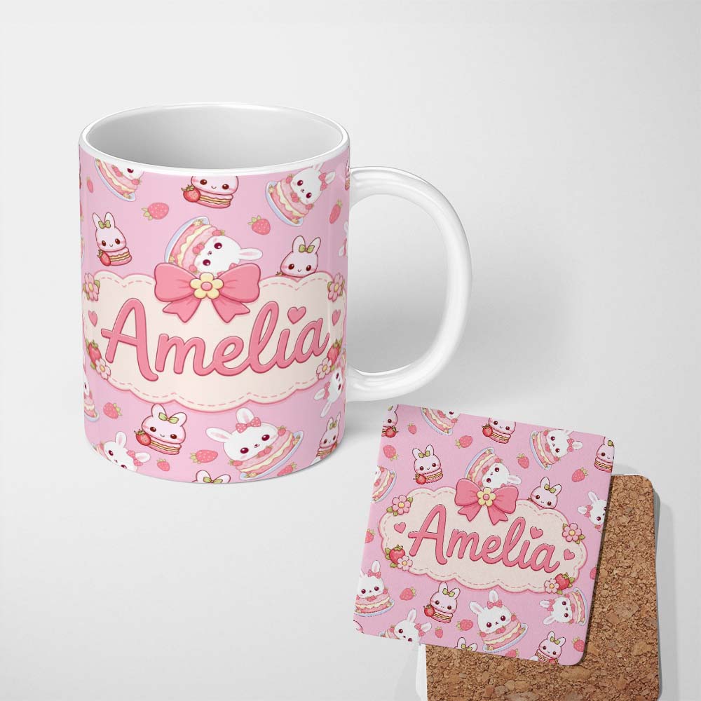 Personalized Custom Name Cute Strawberry Bunny Cake Dessert Rose Background Seamless Pattern 11oz Ceramic Coffee Tea Mug White Large Handle
