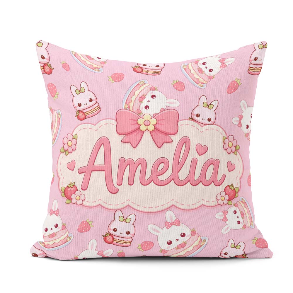 Custom Name Strawberry Bunny Cake Dessert Rose Seamless Pattern Square Filled Cushion Throw Pillow Sofa Bed Home Decor Zip Washable UK Made