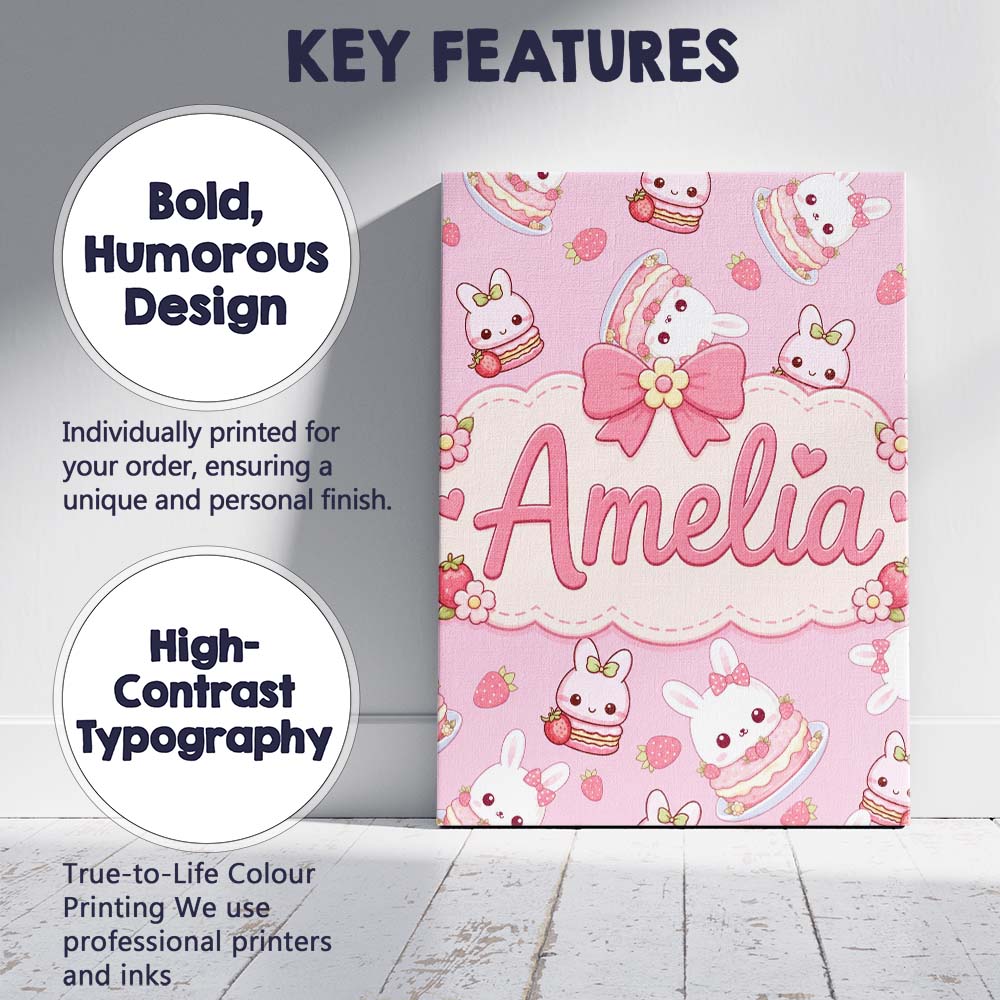 Personalised Name Cute Strawberry Bunny Custom  Modern Room Accent Elegant Feature Canvas Wall Art Print Decor Picture Ready to Hang