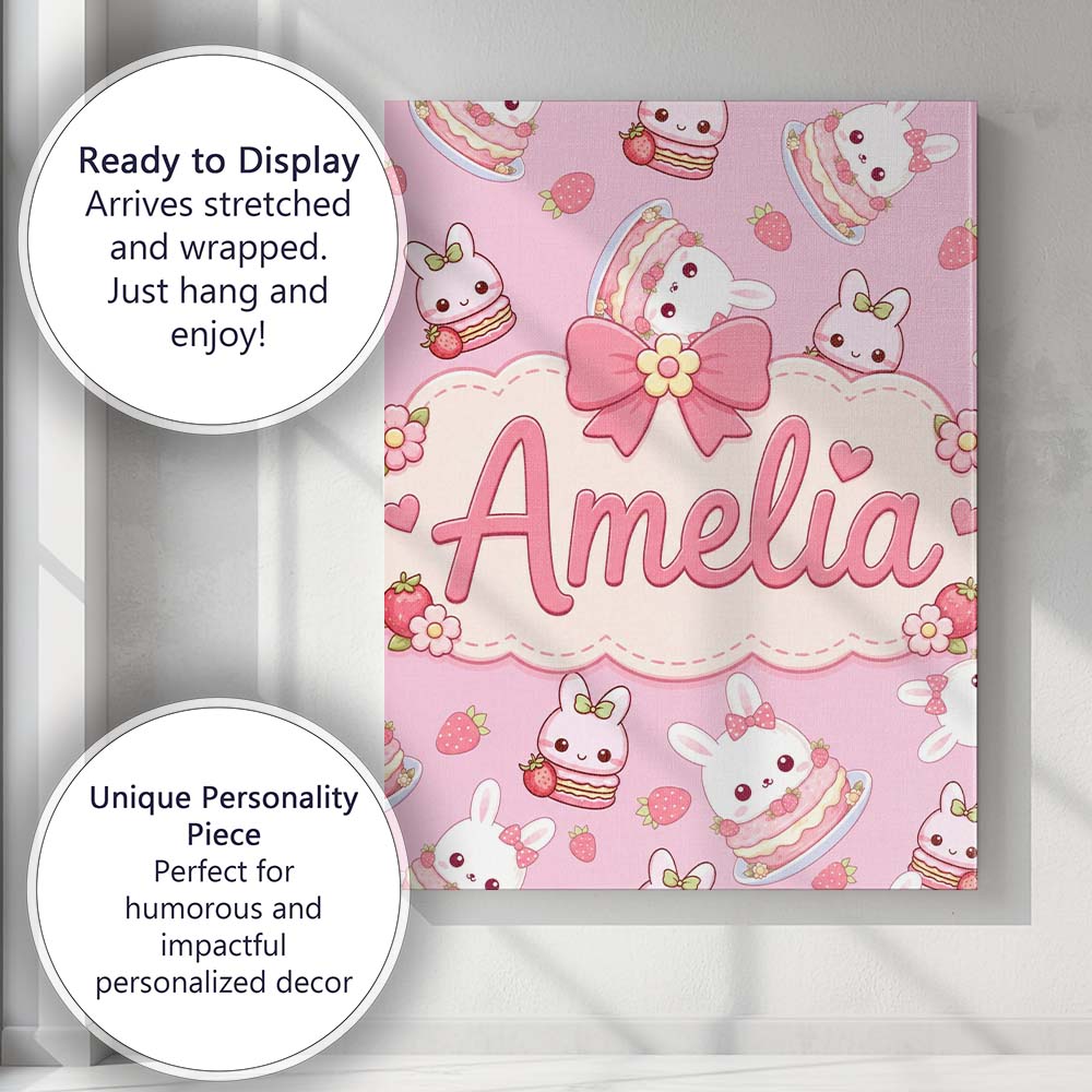 Personalised Name Cute Strawberry Bunny Custom  Modern Room Accent Elegant Feature Canvas Wall Art Print Decor Picture Ready to Hang