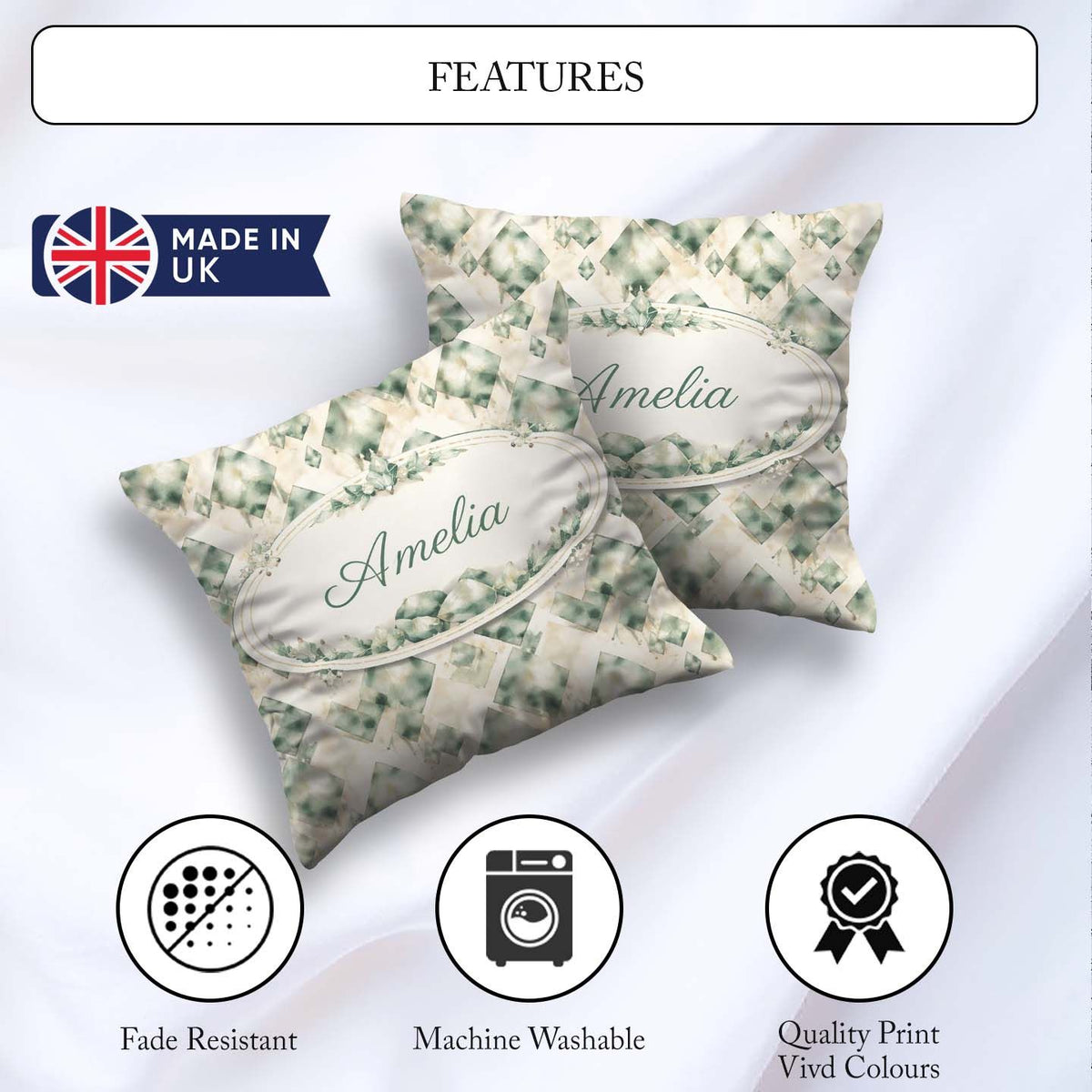 Custom Name Watercolor Crystal Gemstone Beige Background Mineral Square Filled Cushion Throw Pillow Sofa Bed Home Decor Zip Washable UK Made