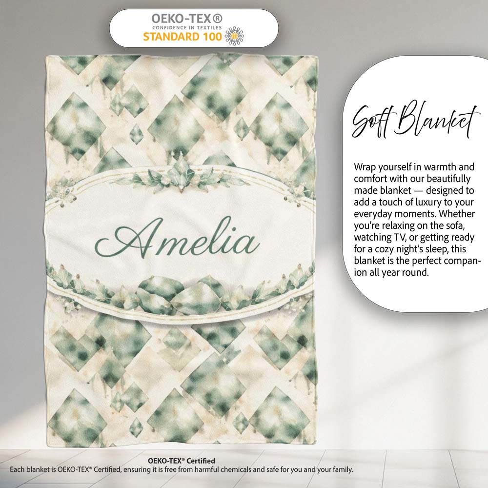Watercolor Crystal Gemstone Soft Beige Background Mineral Lovely  Personalised Custom Name Super Soft Fleece Blanket Bed Sofa Throw