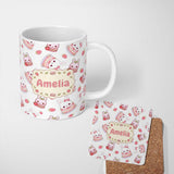 Personalized Custom Name Cute Strawberry Bunny Cake Dessert Grey Background Seamless Pattern 11oz Ceramic Coffee Tea Mug White Large Handle