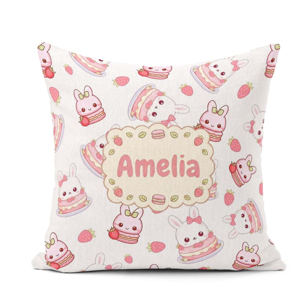 Custom Name Strawberry Bunny Cake Dessert Grey Seamless Pattern Square Filled Cushion Throw Pillow Sofa Bed Home Decor Zip Washable UK Made