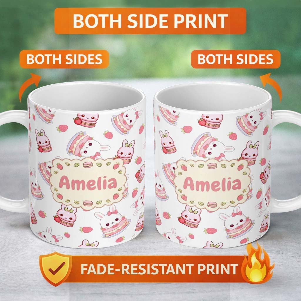 Personalized Custom Name Cute Strawberry Bunny Cake Dessert Grey Background Seamless Pattern 11oz Ceramic Coffee Tea Mug White Large Handle