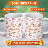 Personalized Custom Name Cute Strawberry Bunny Cake Dessert Grey Background Seamless Pattern 11oz Ceramic Coffee Tea Mug White Large Handle